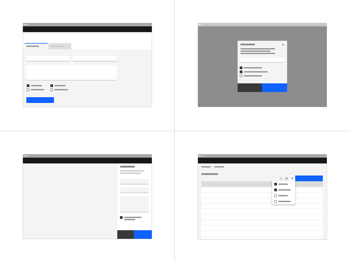 Placement of checkboxes in different UI scenarios. Placement of checkboxes in different UI scenarios.