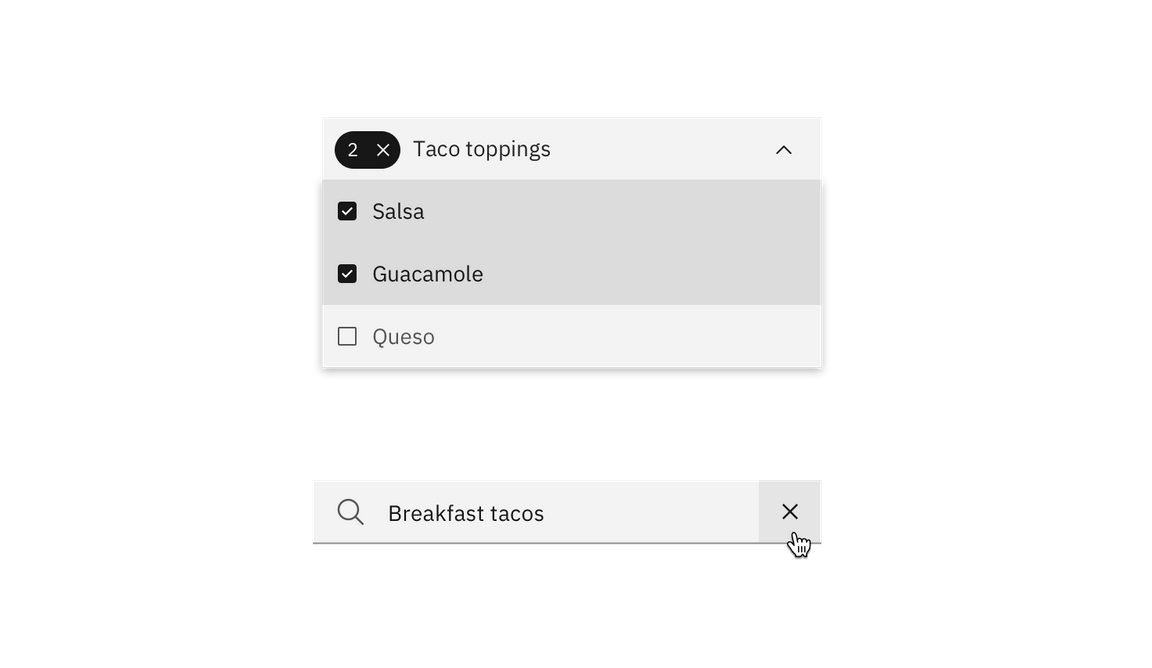 Example of clear in multi-select dropdown and in a search field Example of clear in multi-select dropdown and in a search field