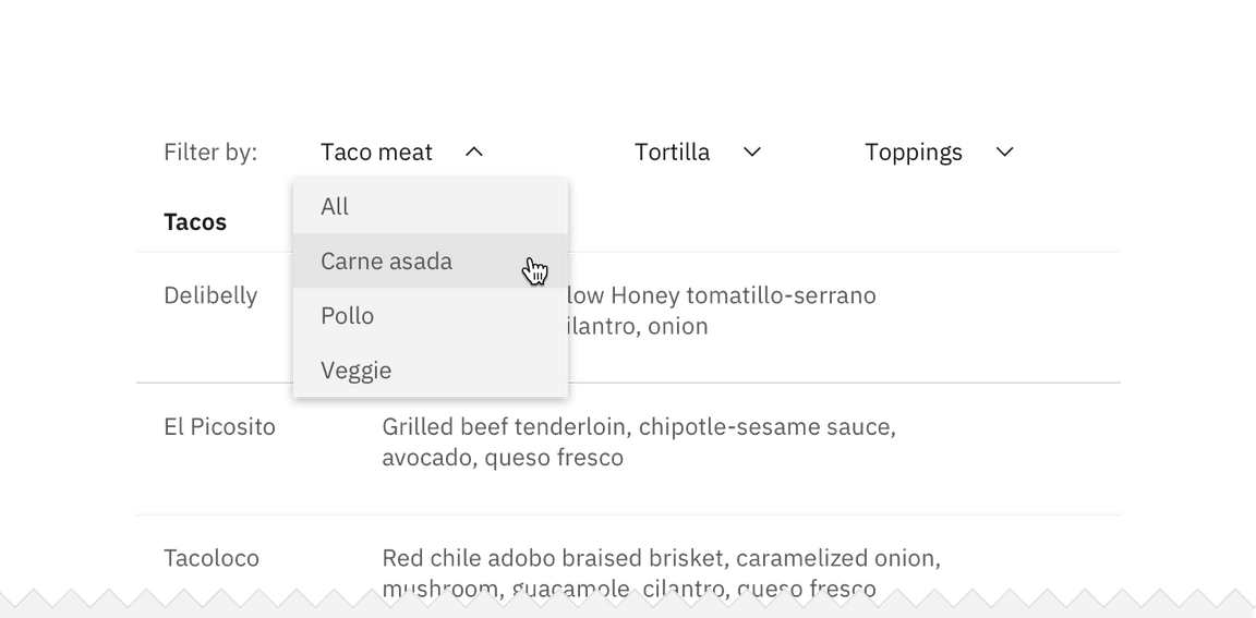 Example of a single selection filter in an inline dropdown Example of a single selection filter in an inline dropdown