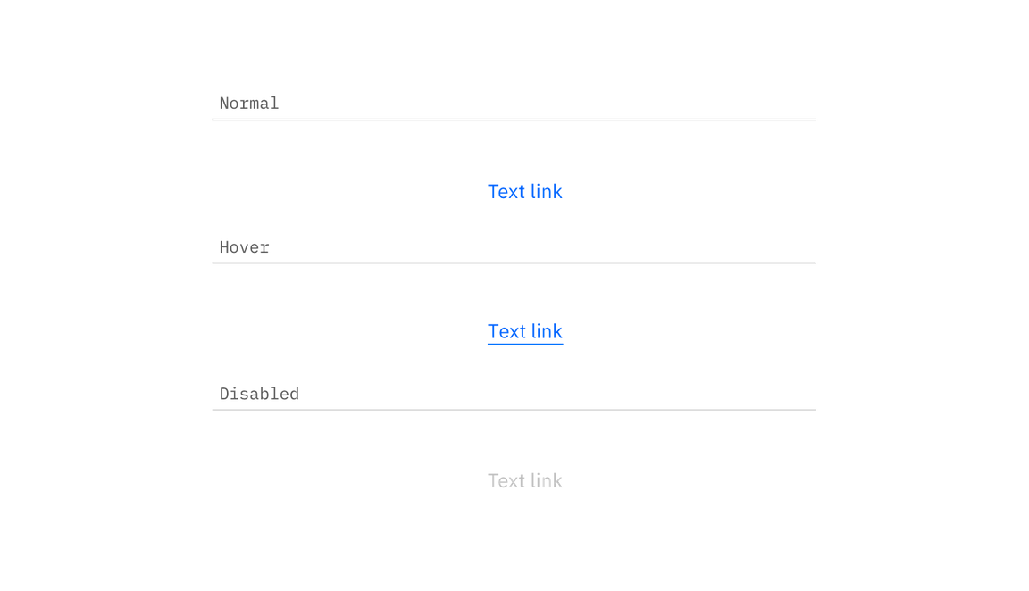 Example of enabled, hover, and disabled link states Example of enabled, hover, and disabled link states