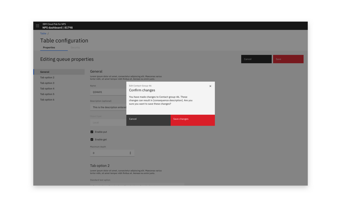 Example of a modal warning users of the consequences of saving after a full-page edit Example of a modal warning users of the consequences of saving after a full-page edit