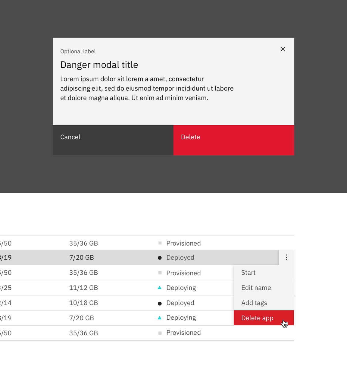 Example of delete in a modal and overflow menu Example of delete in a modal and overflow menu